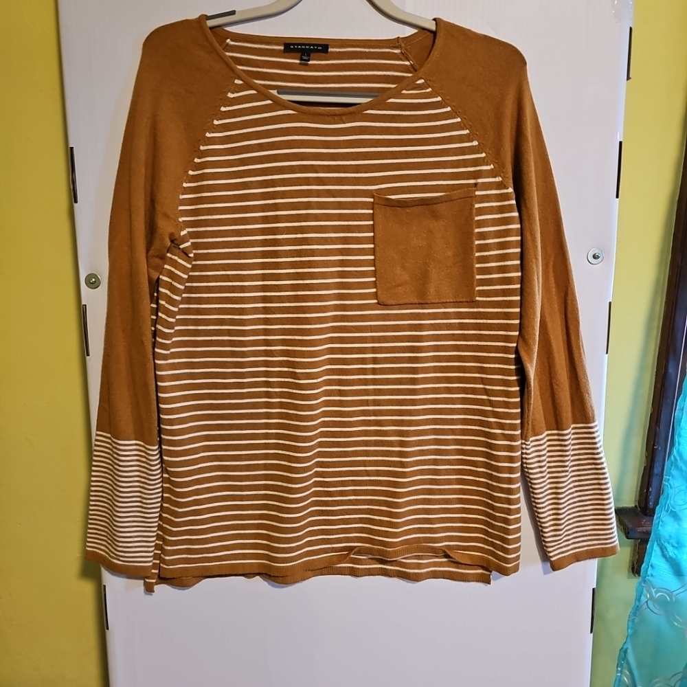 Women's Size Large Staccato Gold Sweater White Stripes Crewneck Lightweight